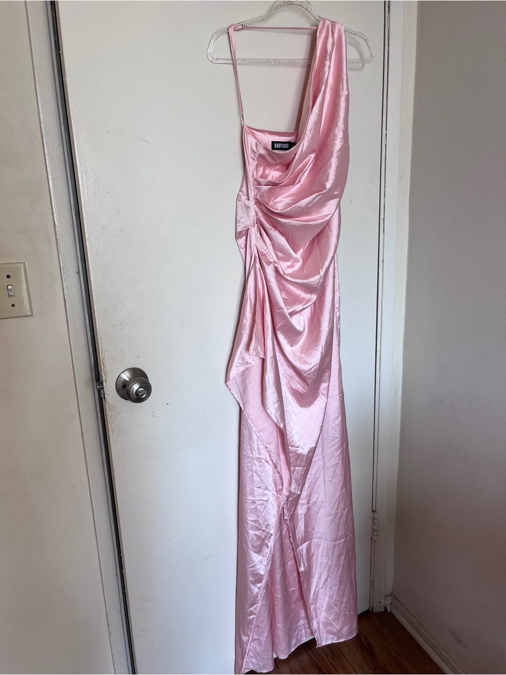BABY BOO One-Shoulder Blush Pink Satin Evening Dress